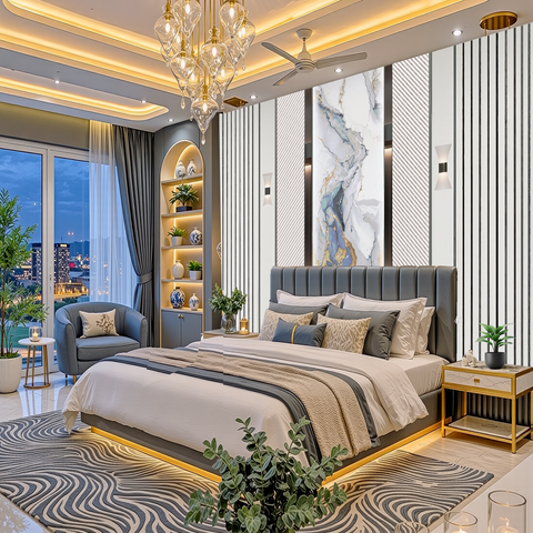 A luxury modern bedroom featuring a gray tufted bed frame, a large wavy pattern rug, a gold chandelier, and a sophisticated ceiling with integrated LED lighting.