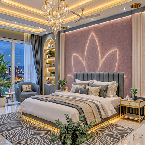 A luxury modern bedroom featuring a large bed with white linens and gray-blue upholstered headboard, set against a pink textured wall with a glowing lotus motif. The room includes a gold chandelier, built-in shelving, a matching armchair by the window, and a patterned gray and white rug.