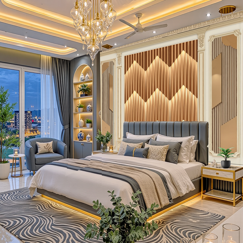 A luxury modern bedroom featuring a large bed with gray tufted bedding, a patterned gray and white rug, a gold chandelier, and a decorative chevron back wall with warm lighting.