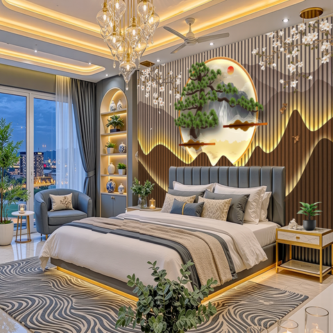A luxury modern bedroom featuring a gray tufted bed frame, white and gray bedding, a patterned gray and white rug, a gold chandelier, and a decorative wall with a tree of life motif and gold lighting.