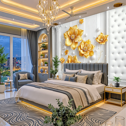 A luxury modern bedroom featuring a gray upholstered bed with gold LED lighting, a large gold floral wall sculpture, a tufted white headboard, and a patterned gray and white rug.