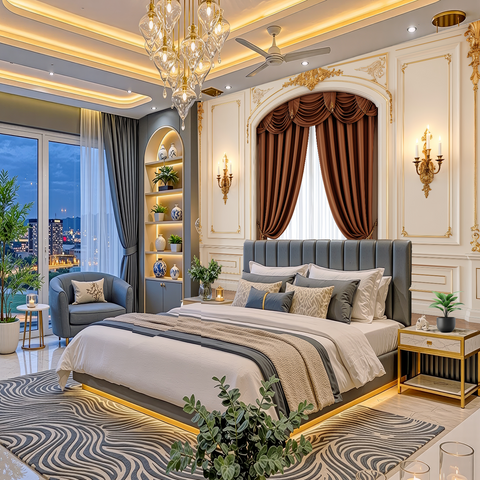 A luxury modern bedroom interior featuring a large bed with gray tufted bedding, gold-framed nightstands, a patterned gray and white rug, a gold chandelier, and elegant cream walls with gold trim.