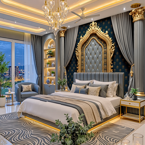 A luxury bedroom interior featuring an ornate gold and blue tufted headboard, a gray upholstered bed, matching gray curtains, a patterned zebra rug, and warm gold lighting throughout the room.