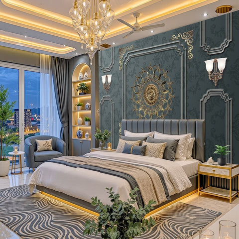 A luxury modern bedroom featuring a large bed with white and gray bedding, a patterned gray and white rug, a gold chandelier, and a dark teal wall with gold decorative molding.