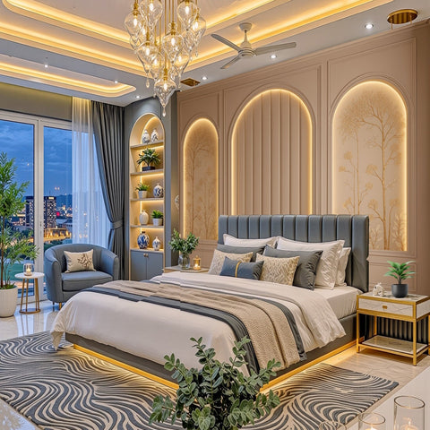 A luxury modern bedroom featuring a platform bed with a gray tufted headboard, white and gray bedding, a patterned gray and white rug, a gold chandelier, and warm ambient lighting in a beige-toned room.