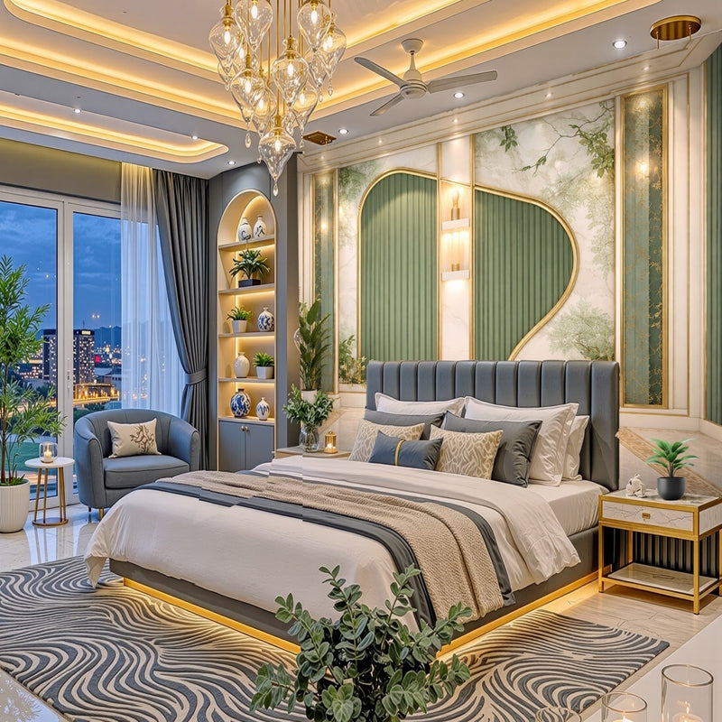A luxury modern bedroom featuring a large bed with gray upholstered headboard, white and gray bedding, a patterned gray and white rug, a gold chandelier, and elegant wall decor with green accents.