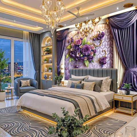 A luxury modern bedroom featuring a large bed with gray tufted bedding, a patterned gray and white rug, purple curtains, and a prominent purple floral wall mural under a decorative gold chandelier.