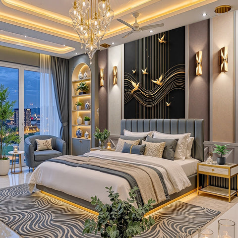 A luxury modern bedroom featuring a large bed with white and gray bedding, a patterned gray and white rug, a gold chandelier, and a black wall art piece with gold wave and bird designs.