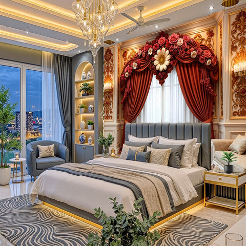 A luxury modern bedroom featuring a large bed with white and gray bedding, a gray upholstered headboard, ornate red floral drapes, a gold chandelier, and a patterned gray and white rug.
