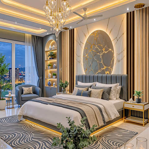 A luxury modern bedroom featuring a large bed with gray tufted bedding, a patterned gray and white rug, a gold chandelier, and a decorative marble wall with gold veins.