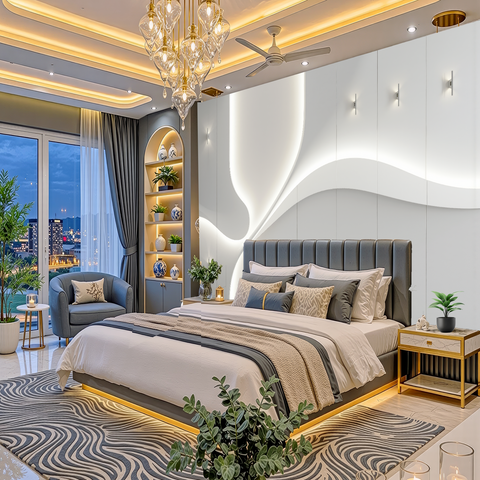 A luxury modern bedroom featuring a gray tufted bed frame, white and gray bedding, a patterned gray and white rug, a gold chandelier, and a glowing wavy LED accent wall.