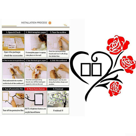 Red Rose Flower & Heart Wall Sticker with 2 Picture Frames | Romantic Vinyl Décor for Home The Wall Valley