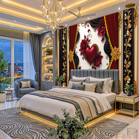 A luxury bedroom interior with a large bed centered against a dramatic wall featuring a red heart motif, red and black floral drapery, gold decorative panels, a chandelier, built-in shelving, a chair by the window, and a patterned rug.