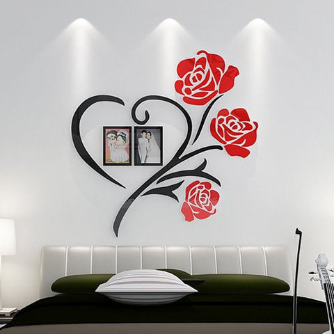 Red Rose Flower & Heart Wall Sticker with 2 Picture Frames | Romantic Vinyl Décor for Home The Wall Valley