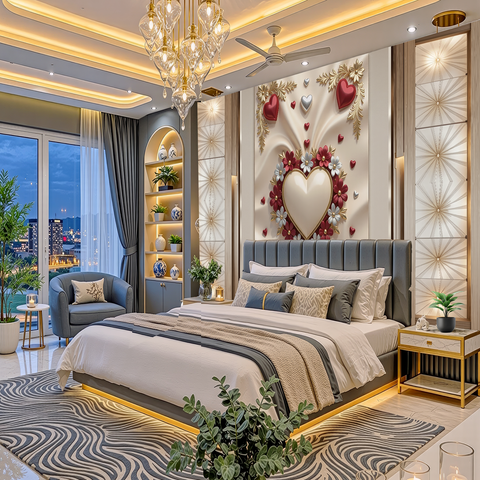 A luxury modern bedroom featuring a large bed with gray tufted headboard, white and gray bedding, a patterned gray and white rug, a gold chandelier, and a decorative wall mural with a large white heart and red roses.