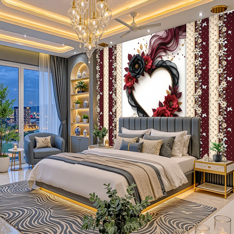 A luxury modern bedroom featuring a large heart-shaped floral wall mural in red, black, and white. The room is styled with a gray tufted bed, white and gray bedding, a patterned zebra rug, gold accent lighting, and a crystal chandelier.