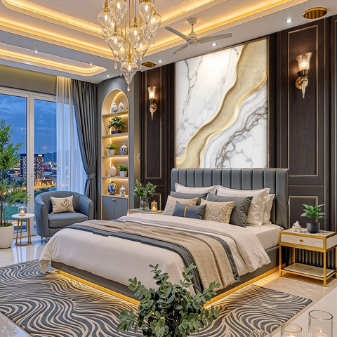 A luxury modern bedroom featuring a large bed with gray tufted headboard, white and gray bedding, a patterned gray rug, a gold chandelier, and a large marble and gold wall art piece.