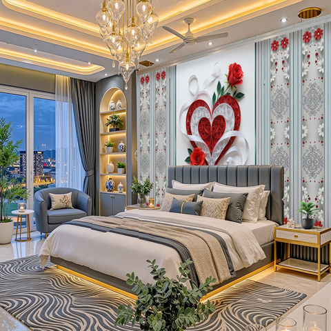 A luxury modern bedroom featuring a gray upholstered bed with white and gray bedding, a patterned gray and white rug, a gold chandelier, and a decorative red heart and rose wall art piece.