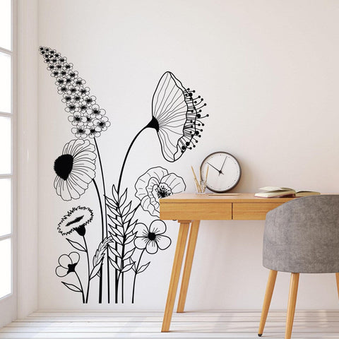 Wildflowers Wall Art Vinyl Decal - Doodled Garden Sticker, Botanical Floral Decor The Wall Valley