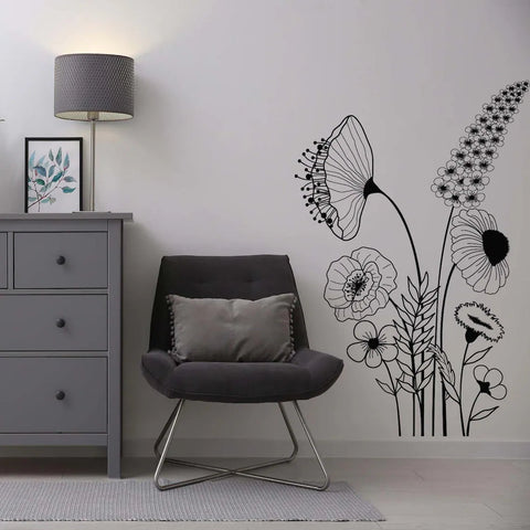 Wildflowers Wall Art Vinyl Decal - Doodled Garden Sticker, Botanical Floral Decor The Wall Valley
