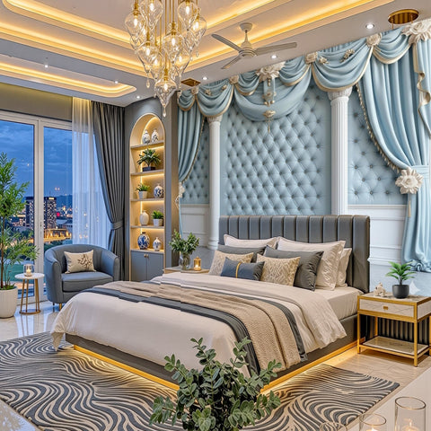 A luxury bedroom interior featuring a large bed with white and gray bedding, a patterned gray and white rug, light blue tufted accent walls, draped blue curtains, and a gold chandelier and ceiling lights.