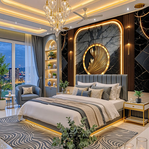 A luxury modern bedroom featuring a large bed with white and gray bedding, a patterned gray and white rug, a gold chandelier, and a dramatic black marble headboard wall with gold lighting accents.